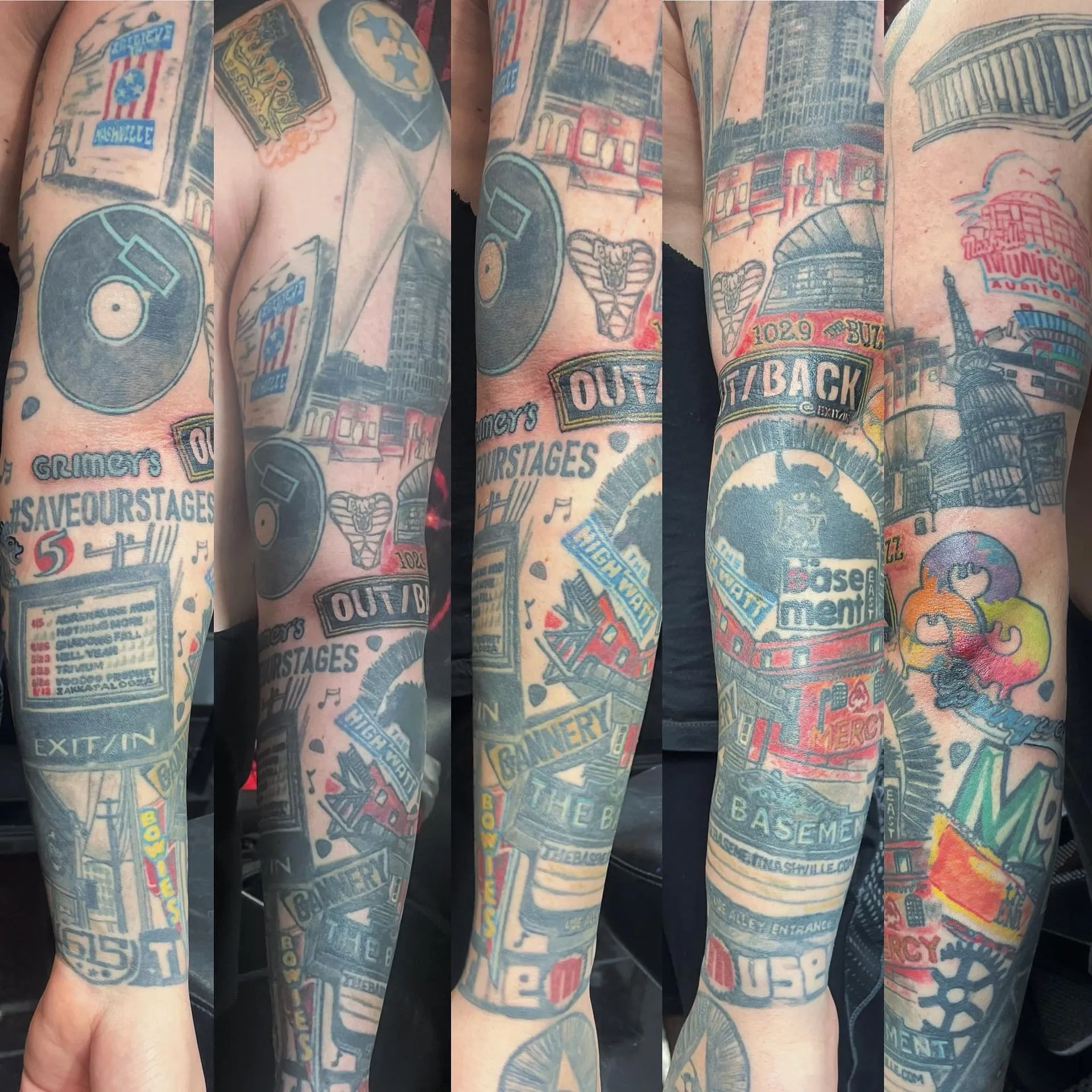 Nashville music scene tribute full sleeve tattoo